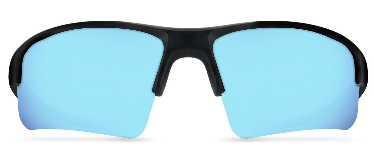 Abaco Forty Four Black Sunglass Polarized Caribbean Blue Mirror Lens Front